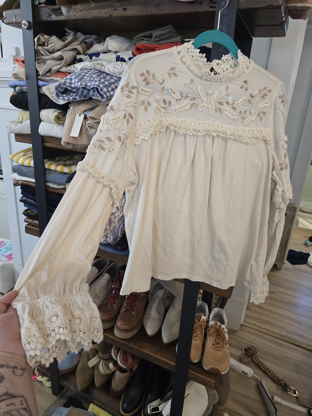 Anthropologie Cream Embroidered Lace Yoke Blouse - Picture 3 of 6